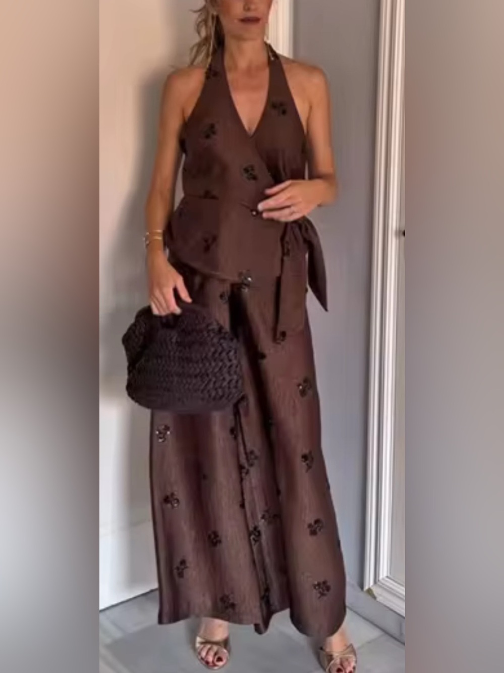NEW $189 Jesina Brown Halter Wide-Leg Pant Set Jumpsuit with Tie Waist - Picture 2 of 5